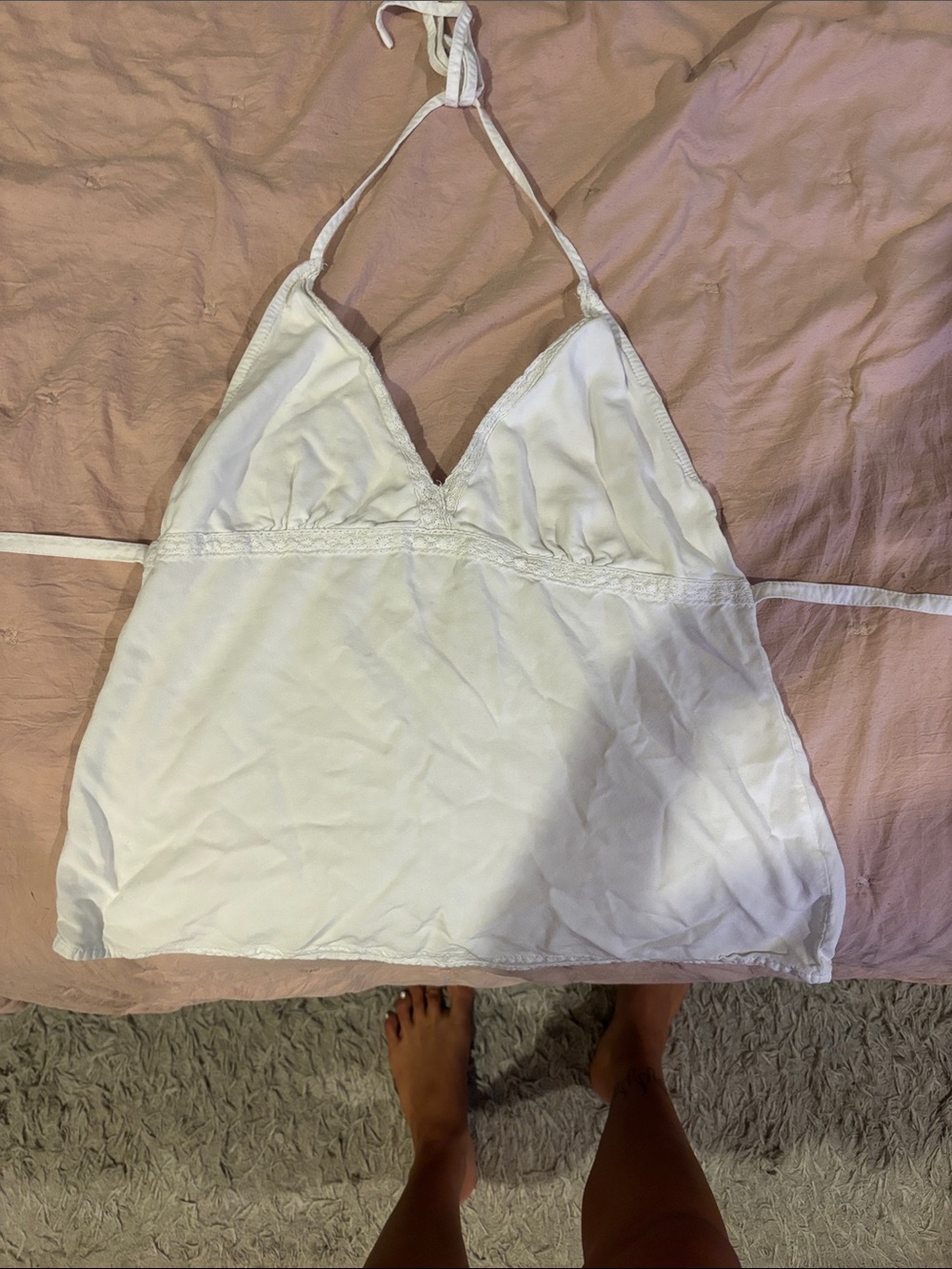 Brandy Melville White Halter Lace-Trim Cami